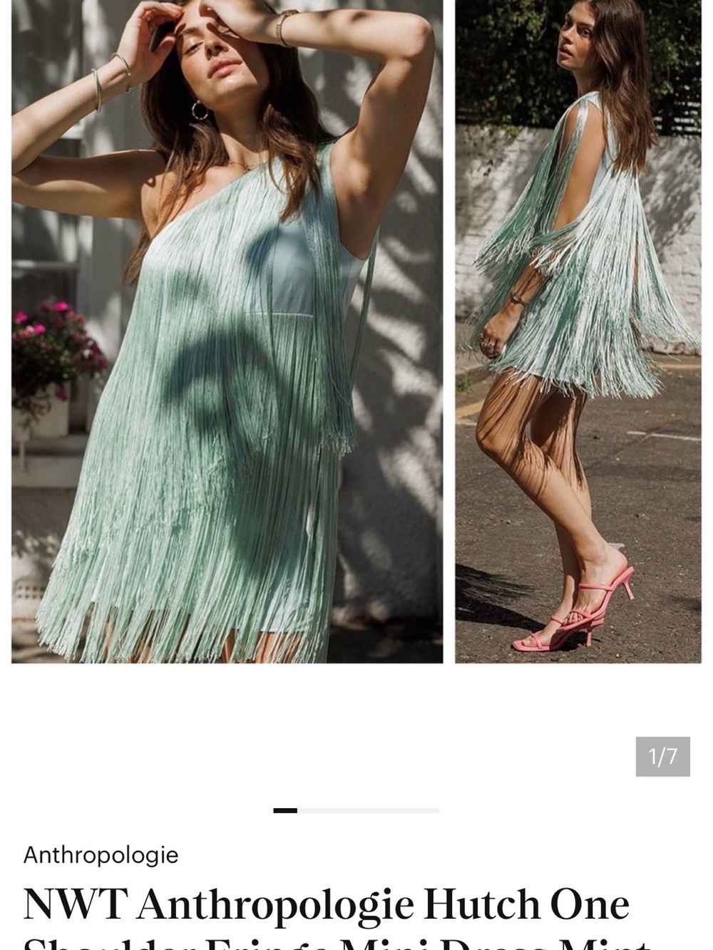 NWT Anthropologie Hutch One Shoulder Fringe Mini Dress Mint